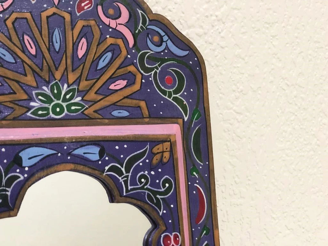 Small Moroccan Mirror with Doors, Bohemian Wall Decor, Ethnic Art for Entryway, Large Mirror Hand Painted, Unique Blue Floral Mirrors,