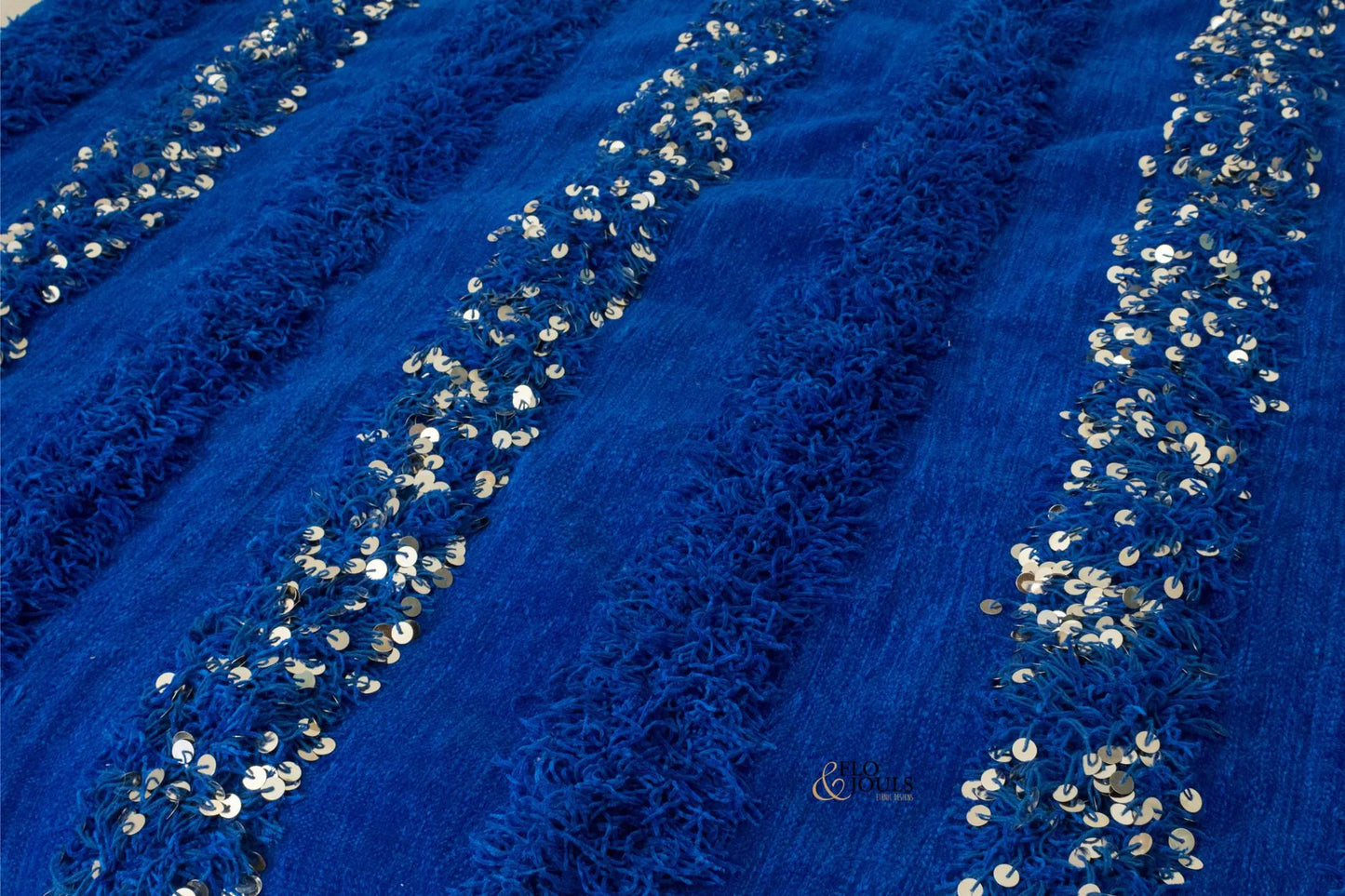 Handira Wedding Blanket | Moroccan Handmade Luxury Throw, Handira Blue Majorelle with Sequins, Berber Rugs, Carpet, Woven Bed Throw Blanket