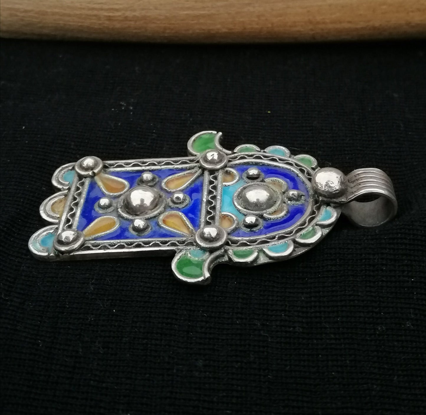 Cute Berber Silver and Enamel Khamsa Pendant