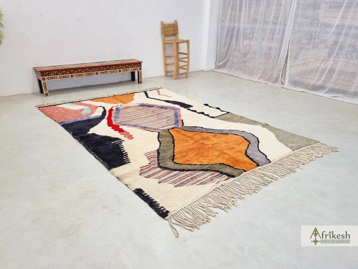 HANDMADE MRIRT RUG, Stylish Moroccan Rug, Custom White & Orange Rug, Tufted Berber Carpet, Multicolor Area Rug, Shag Beni Mrirt Wool Rug.