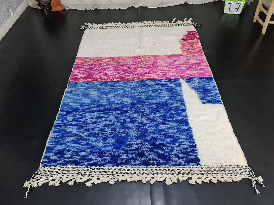 BENI OURAIN RUG, Fluffy Moroccan Rug, Handmade Custom Rug, Blue & Pink Area Rug, Beautiful Shag Beni Rug, Knotted Berber Carpet, Wool Rugs.