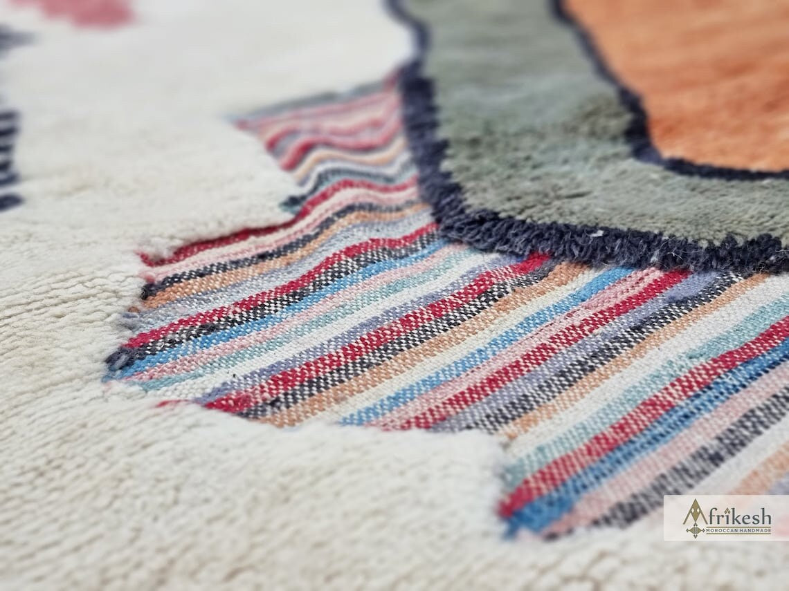 HANDMADE MRIRT RUG, Stylish Moroccan Rug, Custom White & Orange Rug, Tufted Berber Carpet, Multicolor Area Rug, Shag Beni Mrirt Wool Rug.