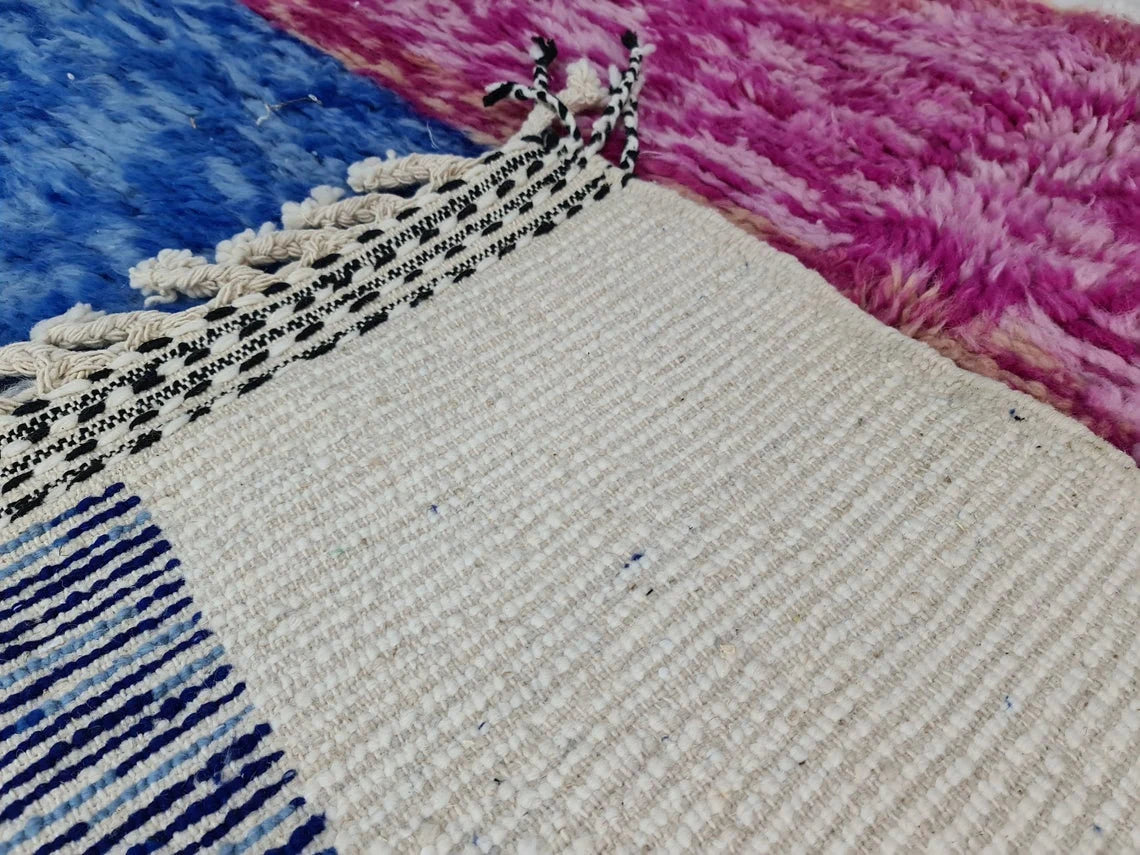 BENI OURAIN RUG, Fluffy Moroccan Rug, Handmade Custom Rug, Blue & Pink Area Rug, Beautiful Shag Beni Rug, Knotted Berber Carpet, Wool Rugs.