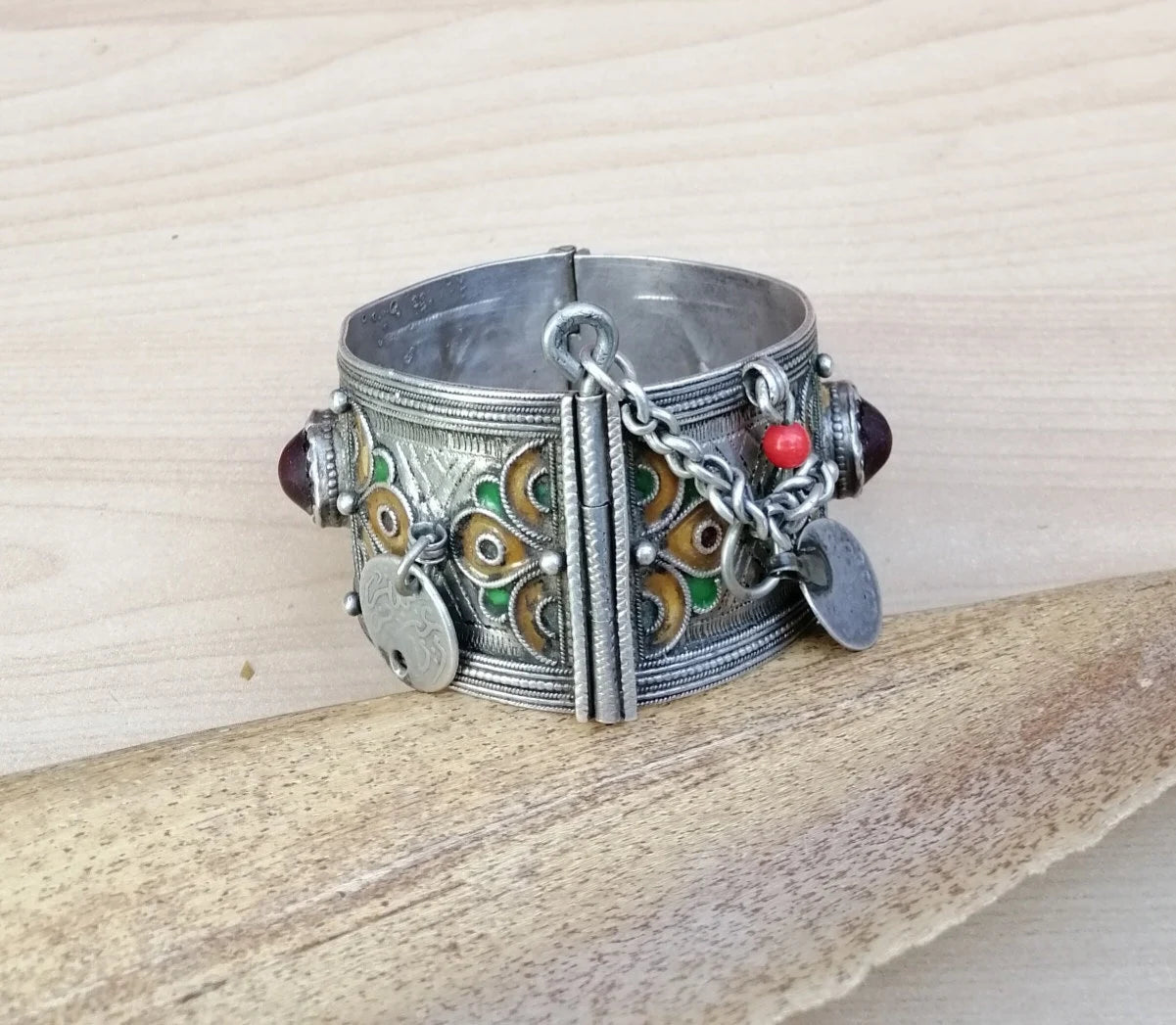 Vintage Berber Silver and Enamel Wedding Cuff Bracelet with Glass Gems and Coins