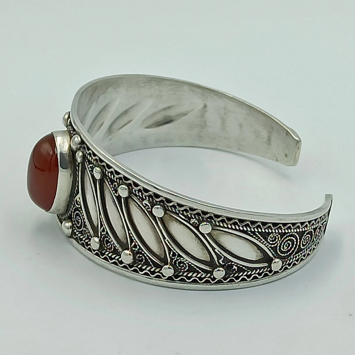 Women'S 925 Sterling Silver Handcrafted Adjustable Bracelet, Open Cuff Berber Engrave Design Boho Bangle with a Brown Bead