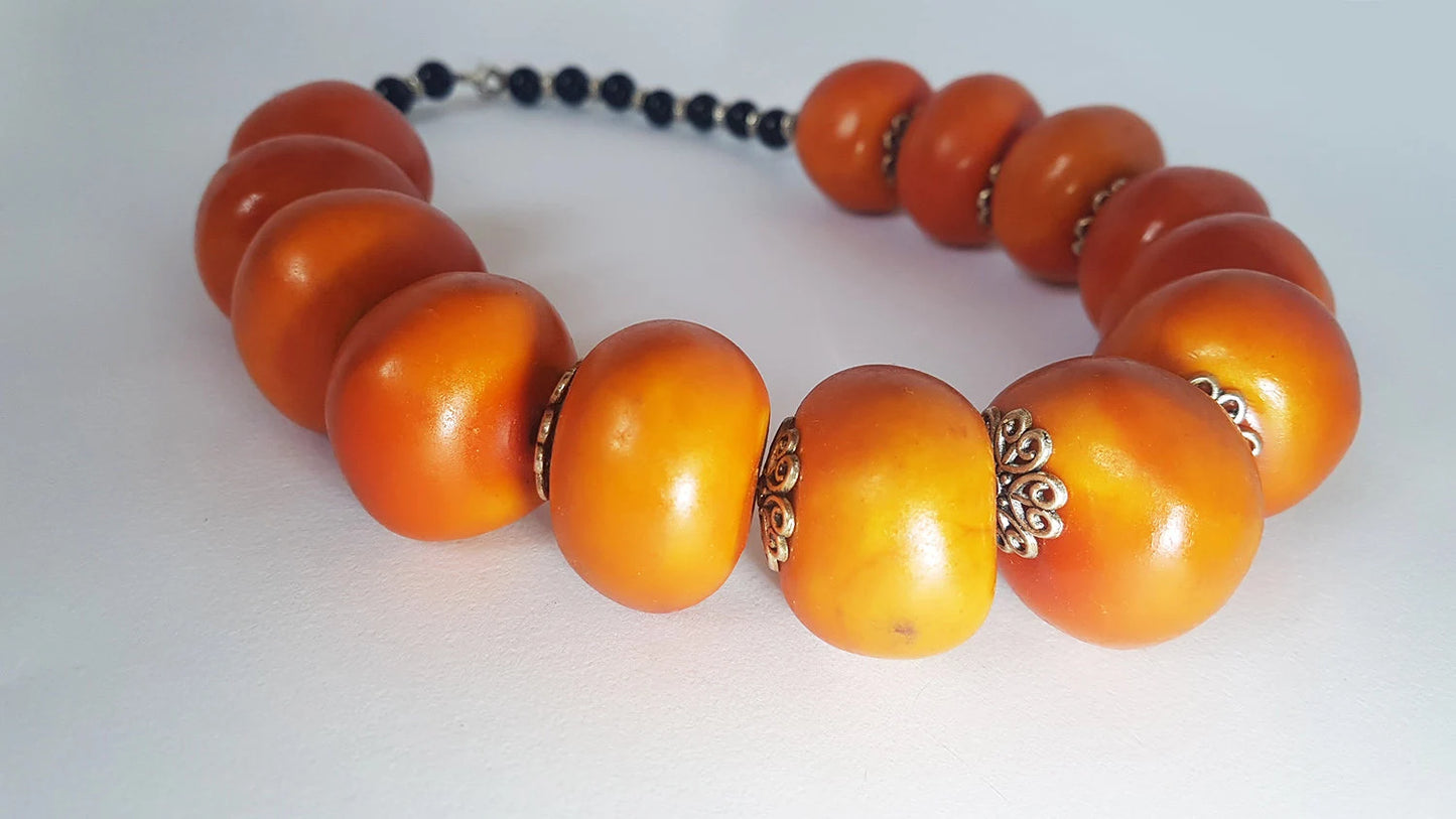 Collier En Ambre Berbère-Collier Marocain-Collier En Ambre Vintage-Collier En Faux Ambre-Marron Résine Ambre
