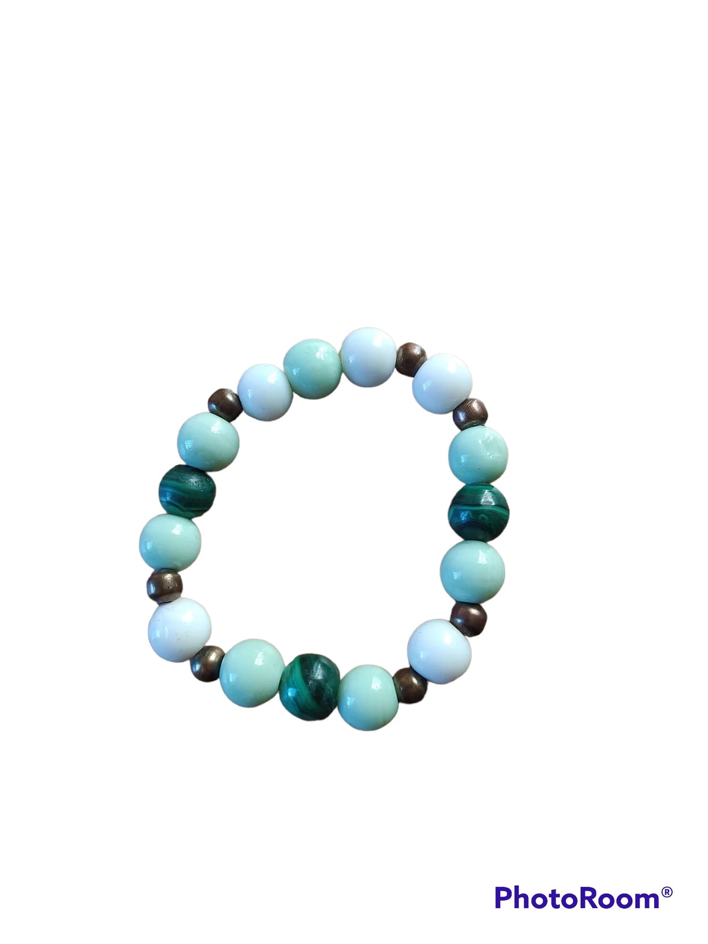 Beautiful Bracelet, Handmade, Malachite Pearl, White, Green round Beads, Cooper, Gift Idea, for Here.