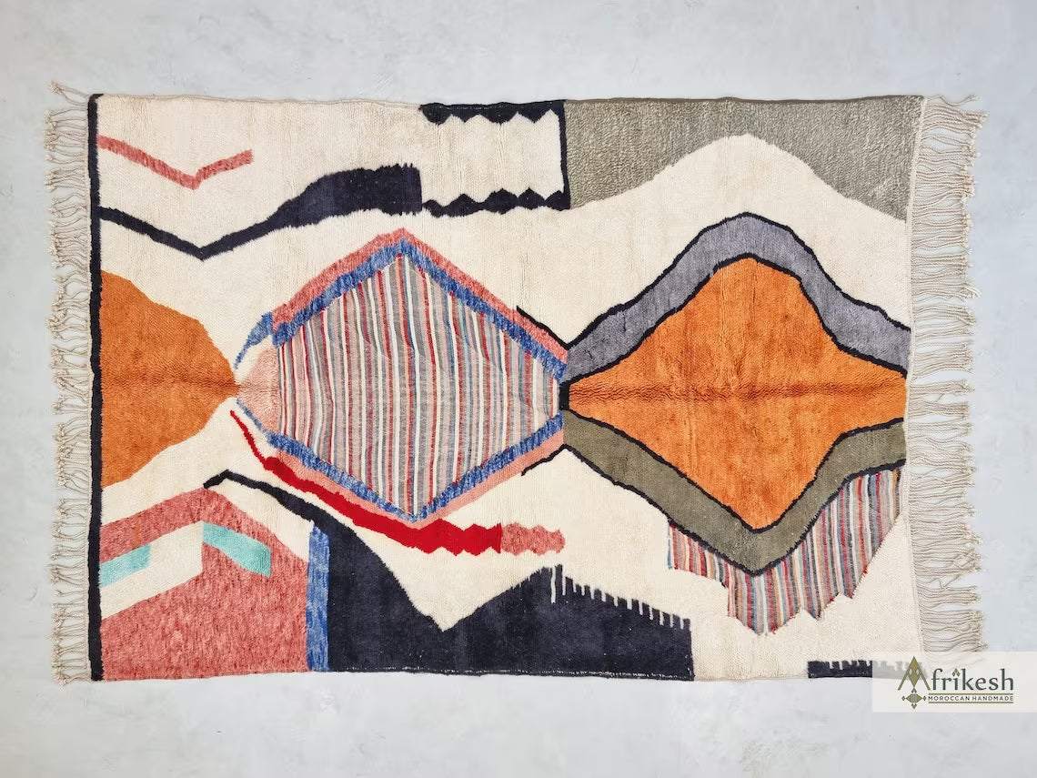 HANDMADE MRIRT RUG, Stylish Moroccan Rug, Custom White & Orange Rug, Tufted Berber Carpet, Multicolor Area Rug, Shag Beni Mrirt Wool Rug.