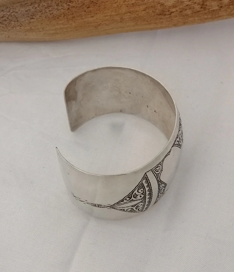 Berber Tuareg Silver Cuff with Khamsas, Hand of Fatima and Carving.