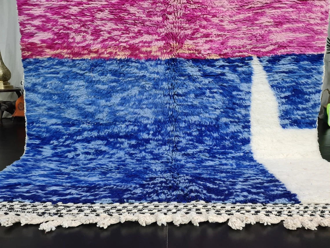 BENI OURAIN RUG, Fluffy Moroccan Rug, Handmade Custom Rug, Blue & Pink Area Rug, Beautiful Shag Beni Rug, Knotted Berber Carpet, Wool Rugs.