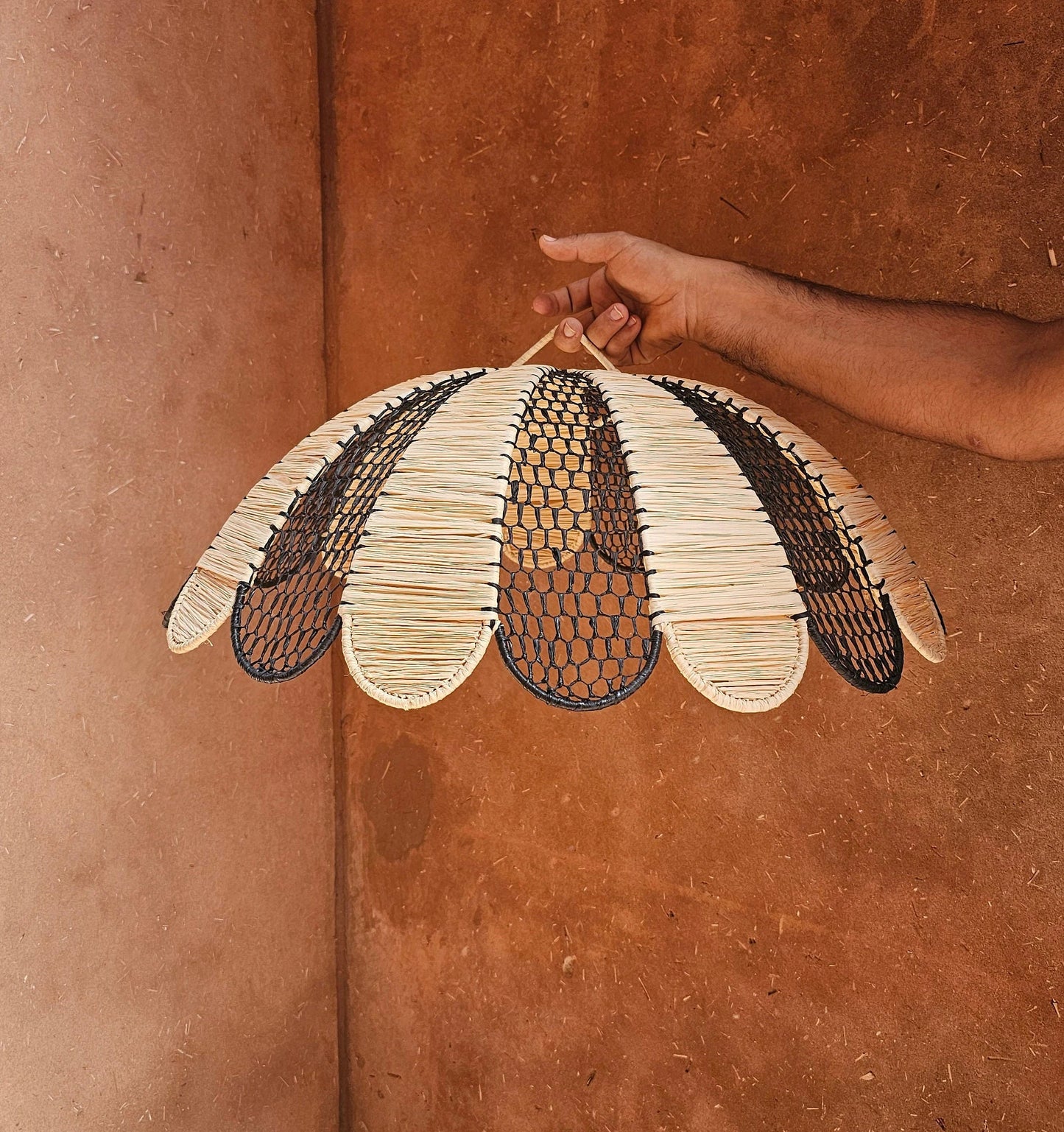 Raffia Pendant Light , Hanging Lamp Shade in Raffia Black and White