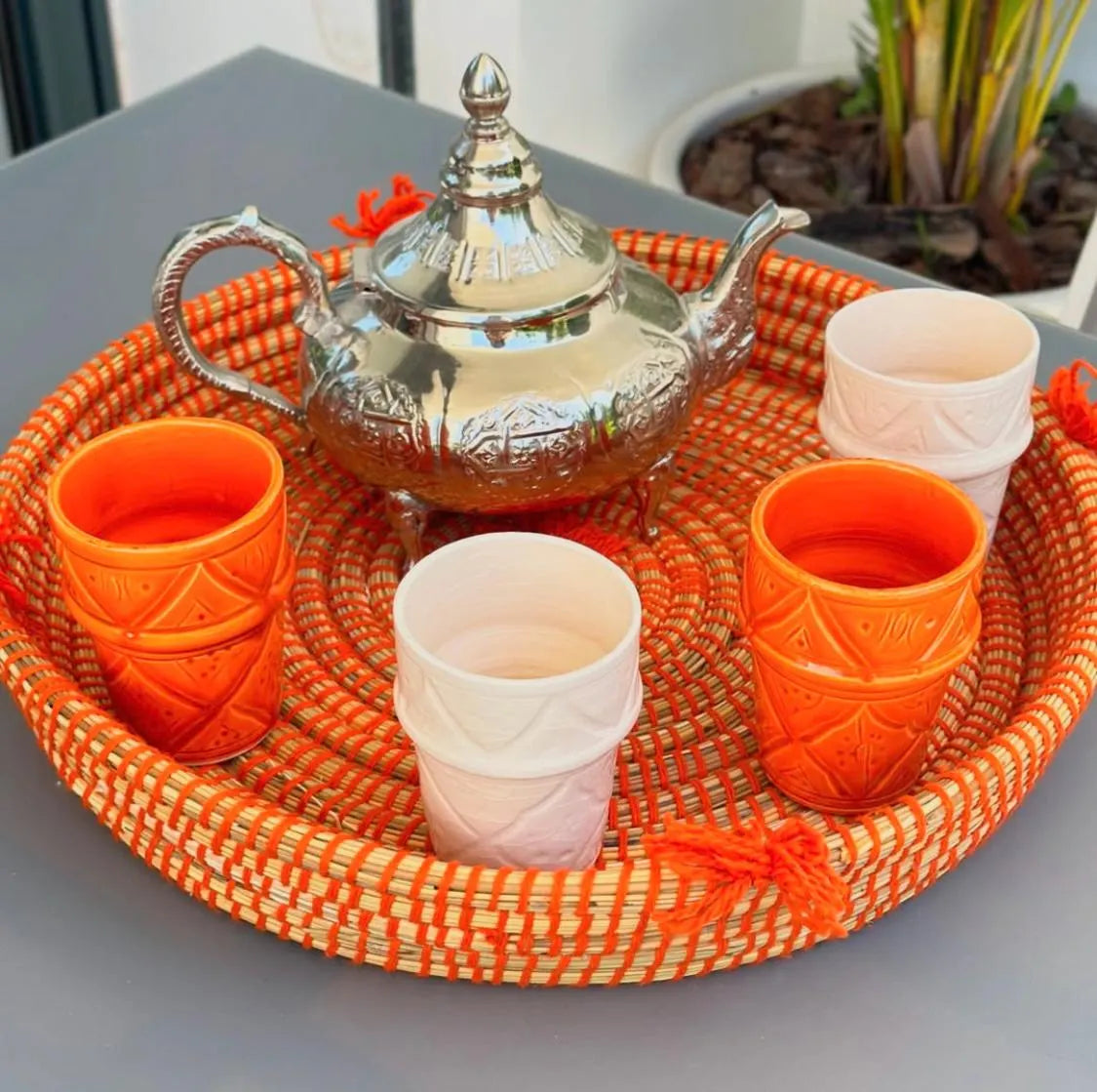 Handcrafted Moroccan Tea Set – Engraved Nickel Teapot with Amber Glasses & Woven Serving Tray Handcrafted Moroccan Royal Teapot