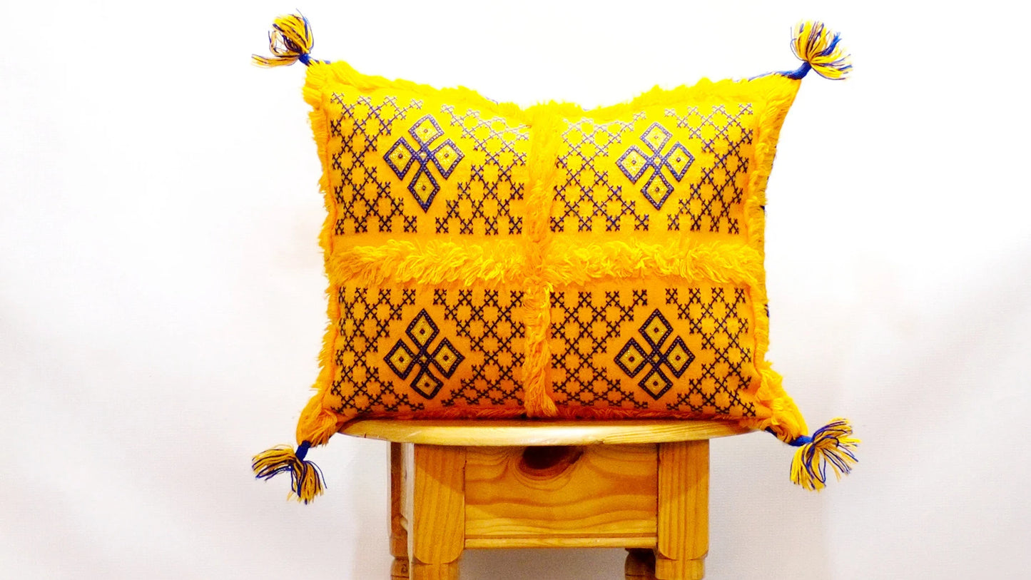 Yellow Wedding Blanket Pillow | Handira Blanket Cushion Cover Wool Pillow Cover with Sequins