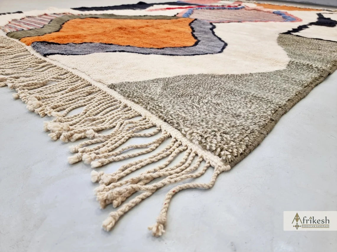 HANDMADE MRIRT RUG, Stylish Moroccan Rug, Custom White & Orange Rug, Tufted Berber Carpet, Multicolor Area Rug, Shag Beni Mrirt Wool Rug.