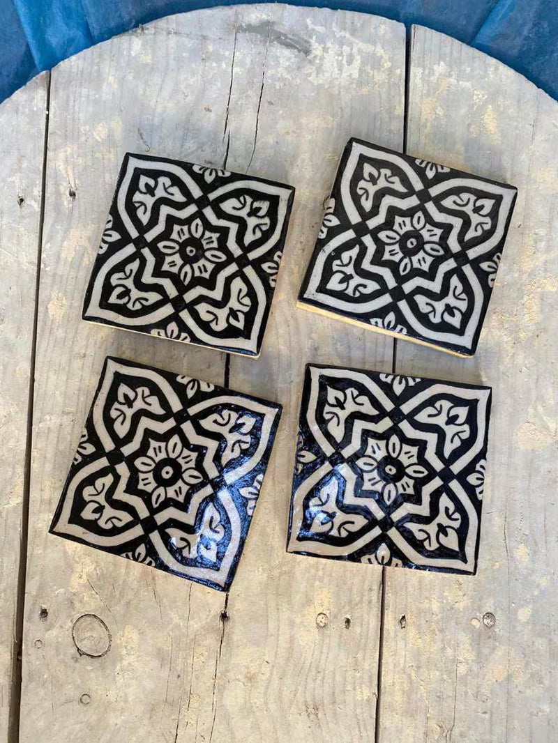 Artisanal Elegance: Hand-Painted Moroccan Black and White Tiles from Wood-Fired Kiln