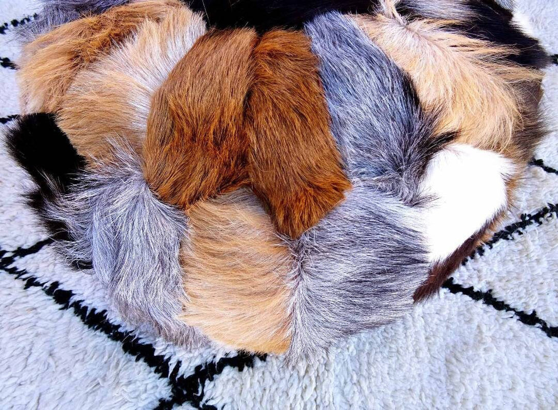 Natural Goat Fur Pouf - 100% Genuine Real Handme Genuine Leather - Ottoman Footstool Hassock