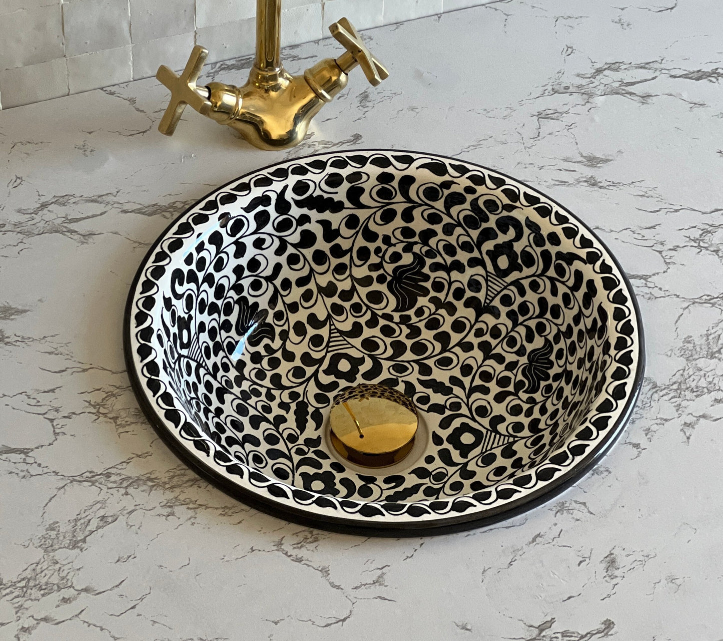 Bathroom Sink, Hand Painted Sink, Moroccan Handmade Vessel Sink, 14 Inch Sink Bowl, Flower Pattern Washbasin.