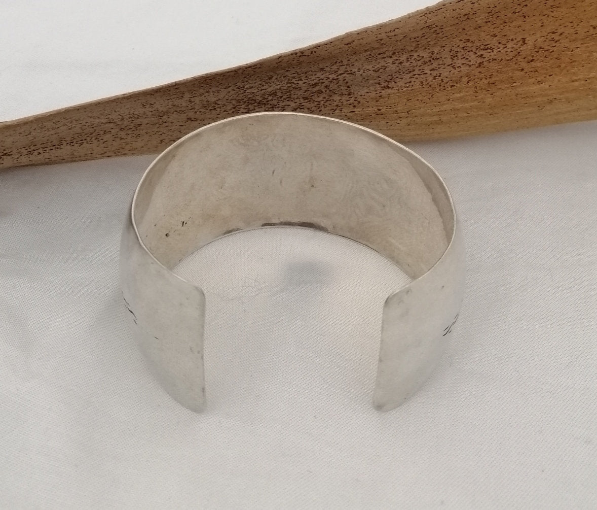 Berber Tuareg Silver Cuff with Khamsas, Hand of Fatima and Carving.