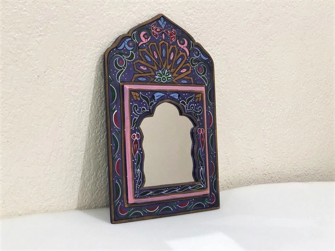 Small Moroccan Mirror with Doors, Bohemian Wall Decor, Ethnic Art for Entryway, Large Mirror Hand Painted, Unique Blue Floral Mirrors,