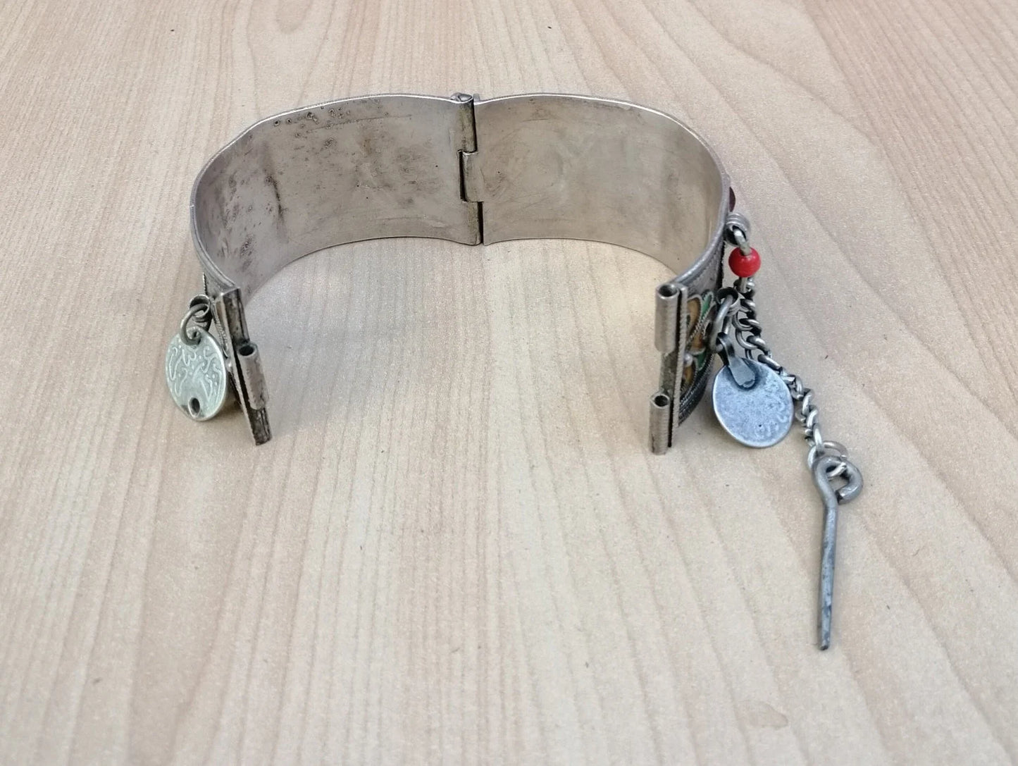 Vintage Berber Silver and Enamel Wedding Cuff Bracelet with Glass Gems and Coins