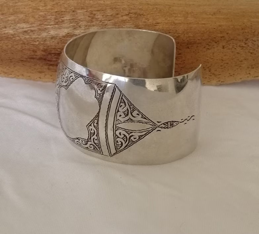 Berber Tuareg Silver Cuff with Khamsas, Hand of Fatima and Carving.
