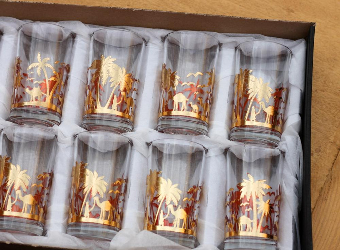 Moroccan Tea Glasses Set of 6 Gold Camel Palm Trees Drinking Glasses Drinkware Chai Glasses Tea Glasses Set Turkish Coffee Tea Glasses