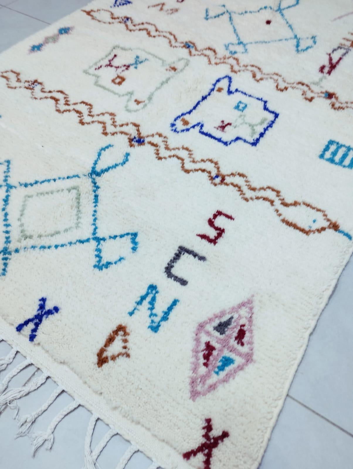 White Abstract Rug | Moroccan Wool Carpet | Handwoven with Vibrant Colorful Motifs | Berber Art Design