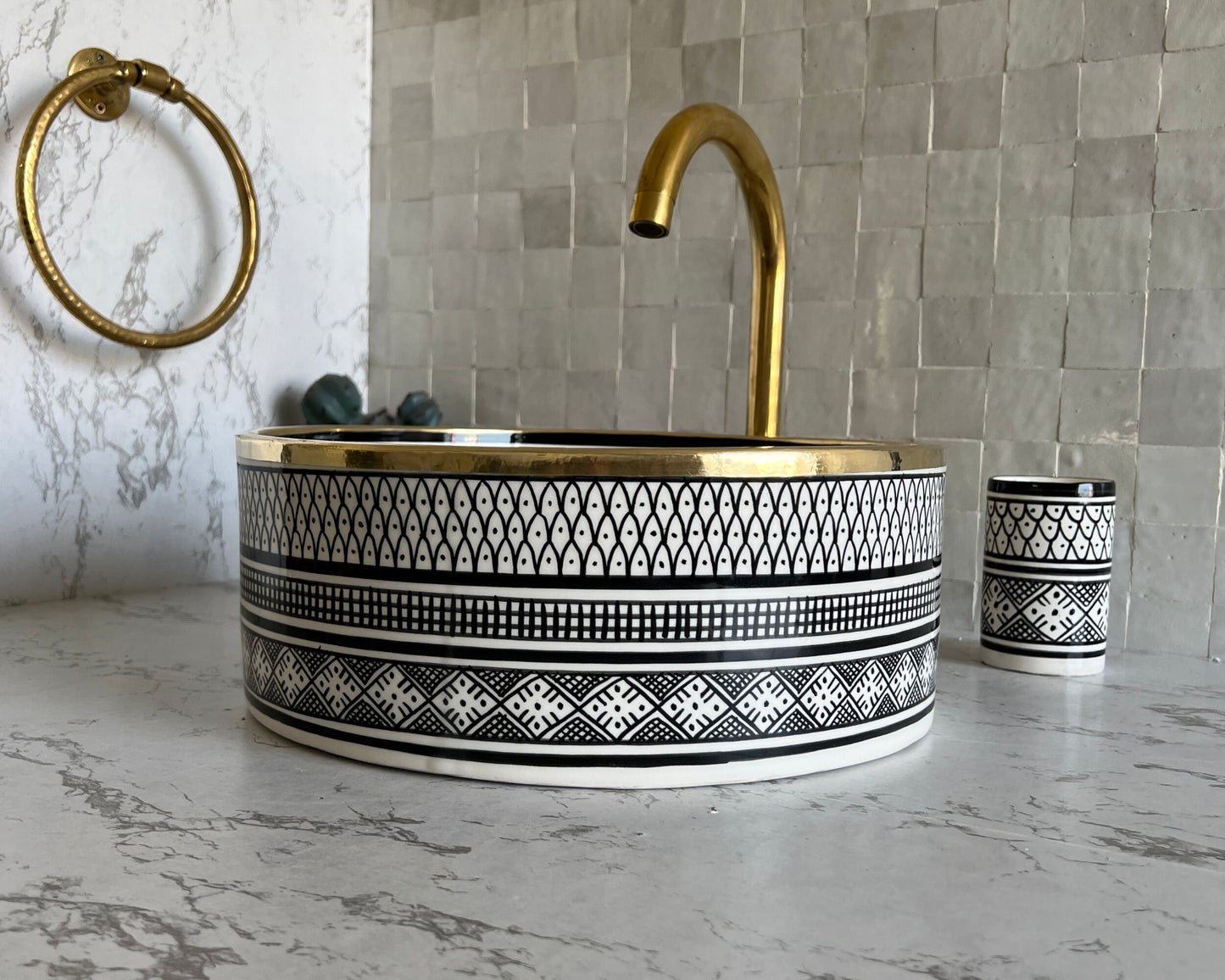 Antique Sink with Brass Rim Edge, Vessel Sink, Sink Bowl, Ceramic Basin, Hand Wash Basin, Free Gift INCLUDED