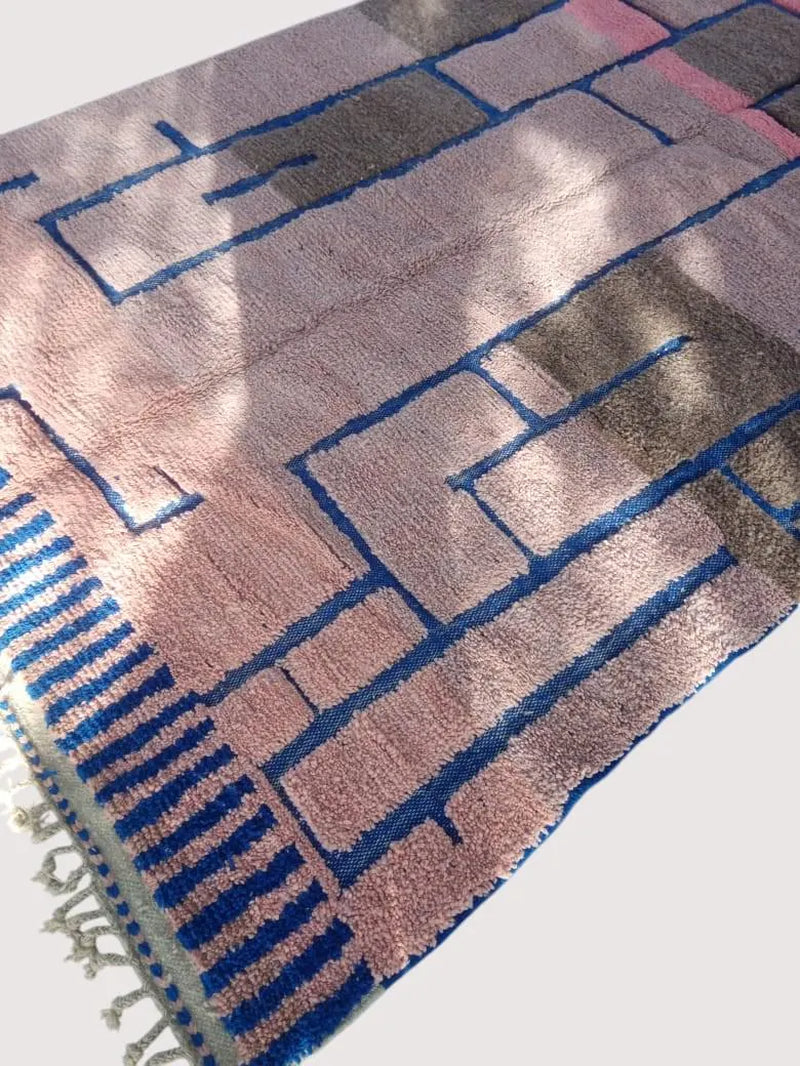 Colorful Moroccan Beni Ourain Rug | Handwoven Wool Carpet | Berber Geometric Design | Pink, Blue & Brown