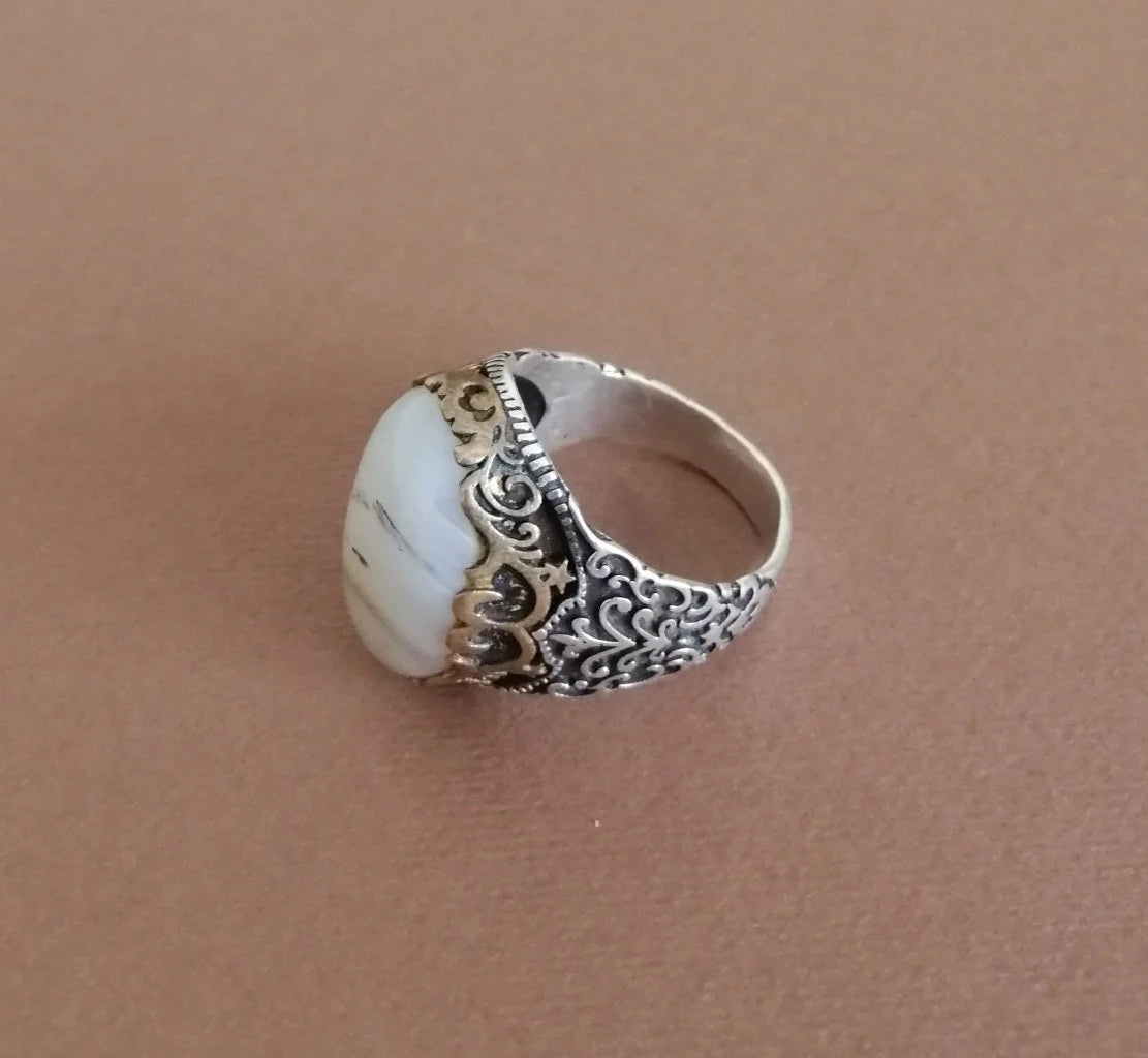 Milky Quartz and Sterling Silver Signet Ring.