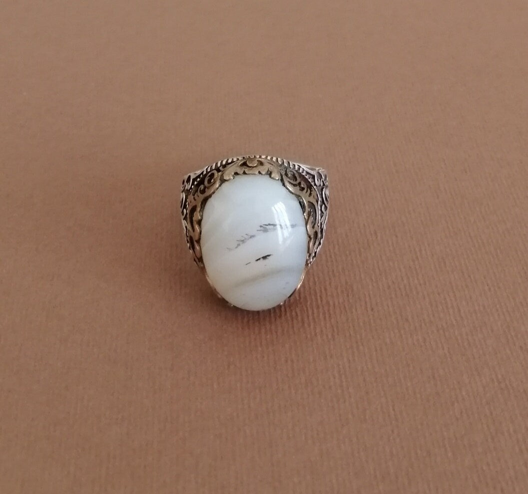 Milky Quartz and Sterling Silver Signet Ring.