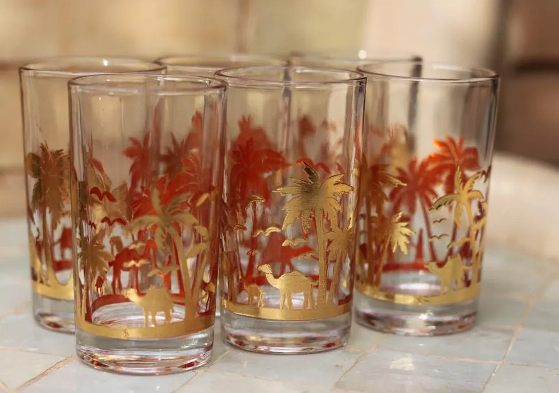 Moroccan Tea Glasses Set of 6 Gold Camel Palm Trees Drinking Glasses Drinkware Chai Glasses Tea Glasses Set Turkish Coffee Tea Glasses
