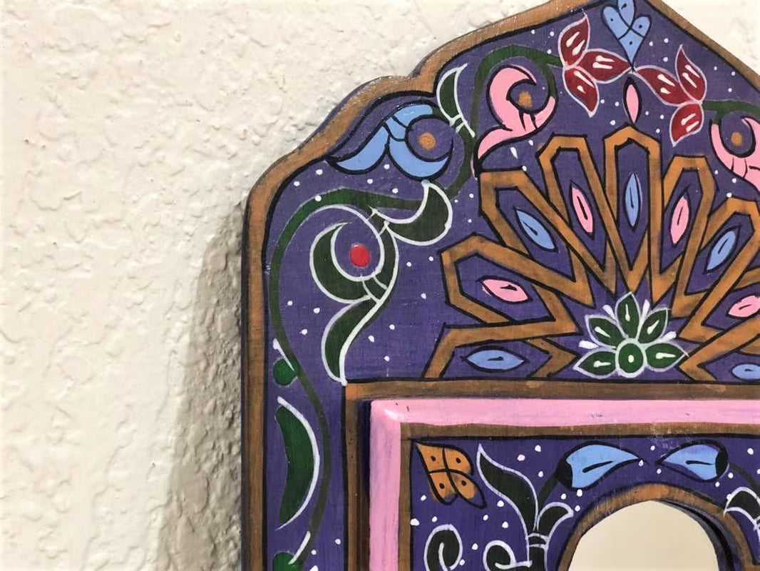 Small Moroccan Mirror with Doors, Bohemian Wall Decor, Ethnic Art for Entryway, Large Mirror Hand Painted, Unique Blue Floral Mirrors,