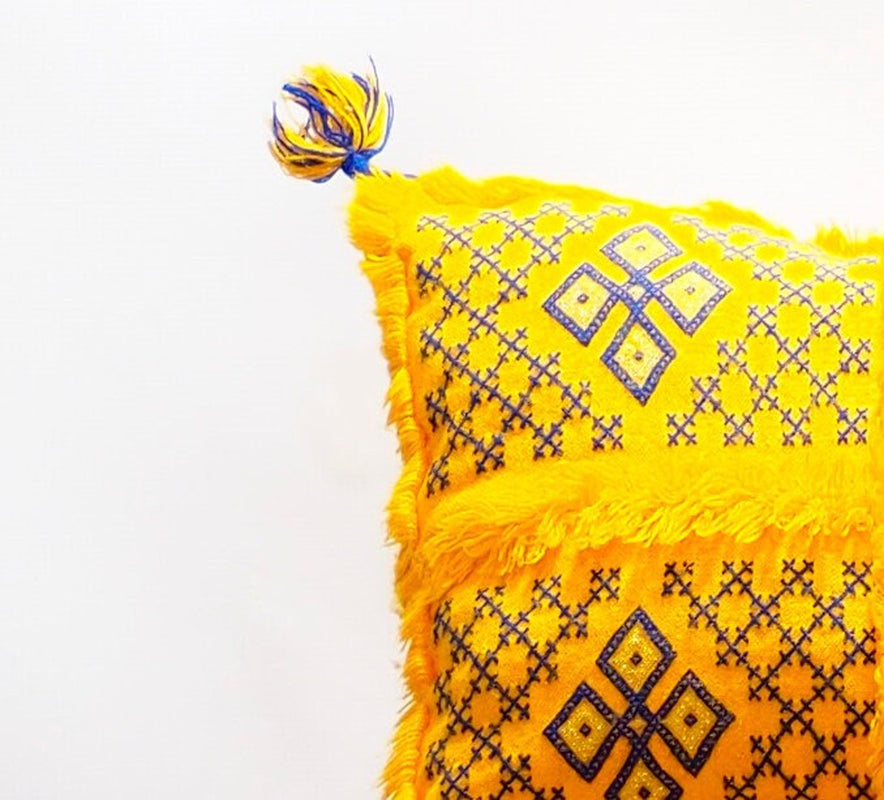Yellow Wedding Blanket Pillow | Handira Blanket Cushion Cover Wool Pillow Cover with Sequins