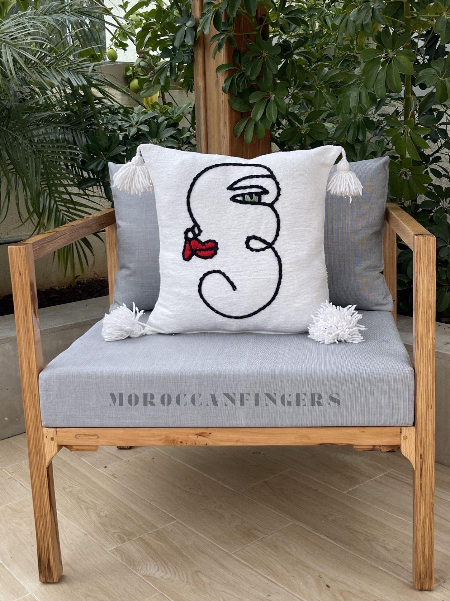 Abstract Face Pillow Covers 18X18 – Set of 2 Boho Cushion Covers, Handwoven Recycled Cotton, Handmade in Morocco
