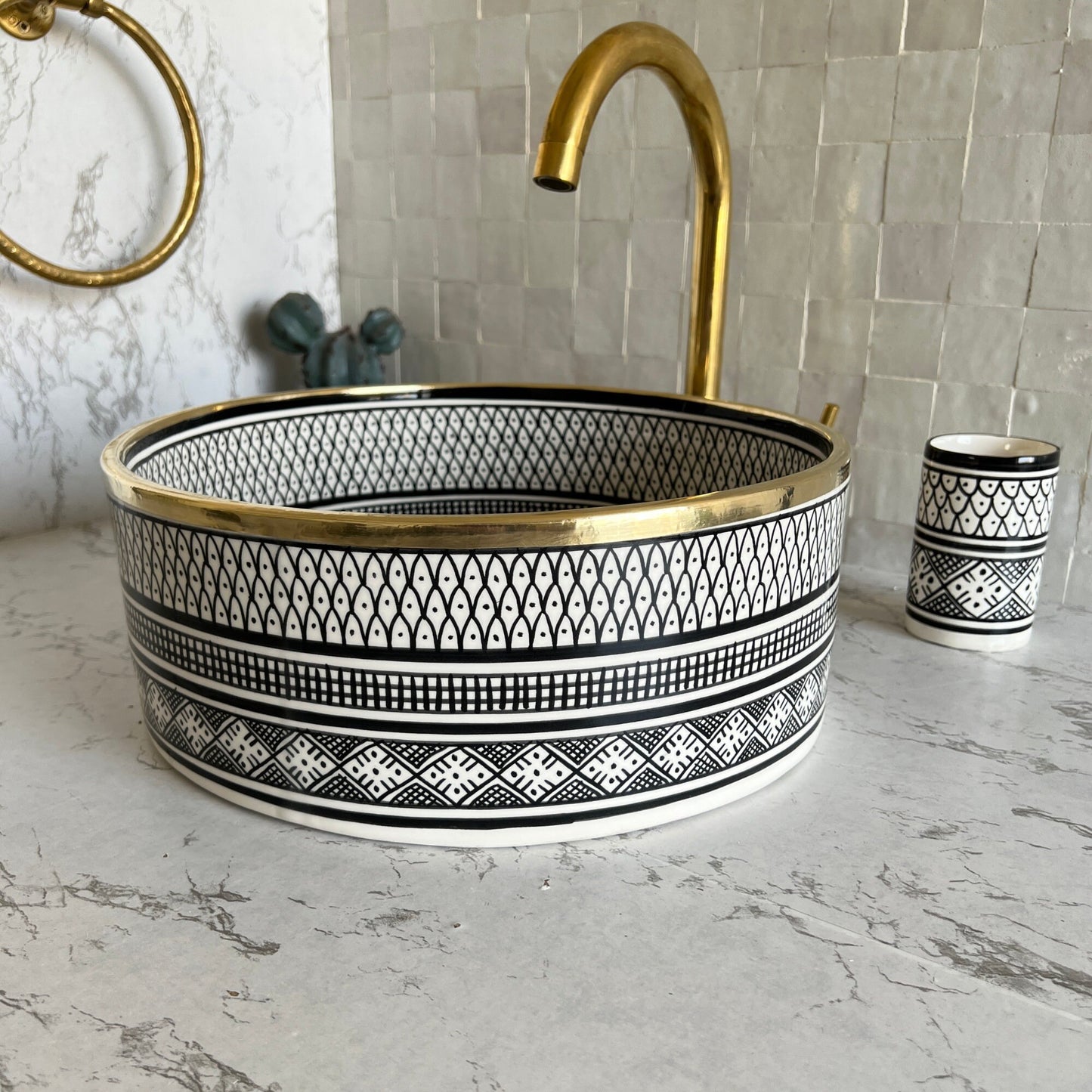 Antique Sink with Brass Rim Edge, Vessel Sink, Sink Bowl, Ceramic Basin, Hand Wash Basin, Free Gift INCLUDED