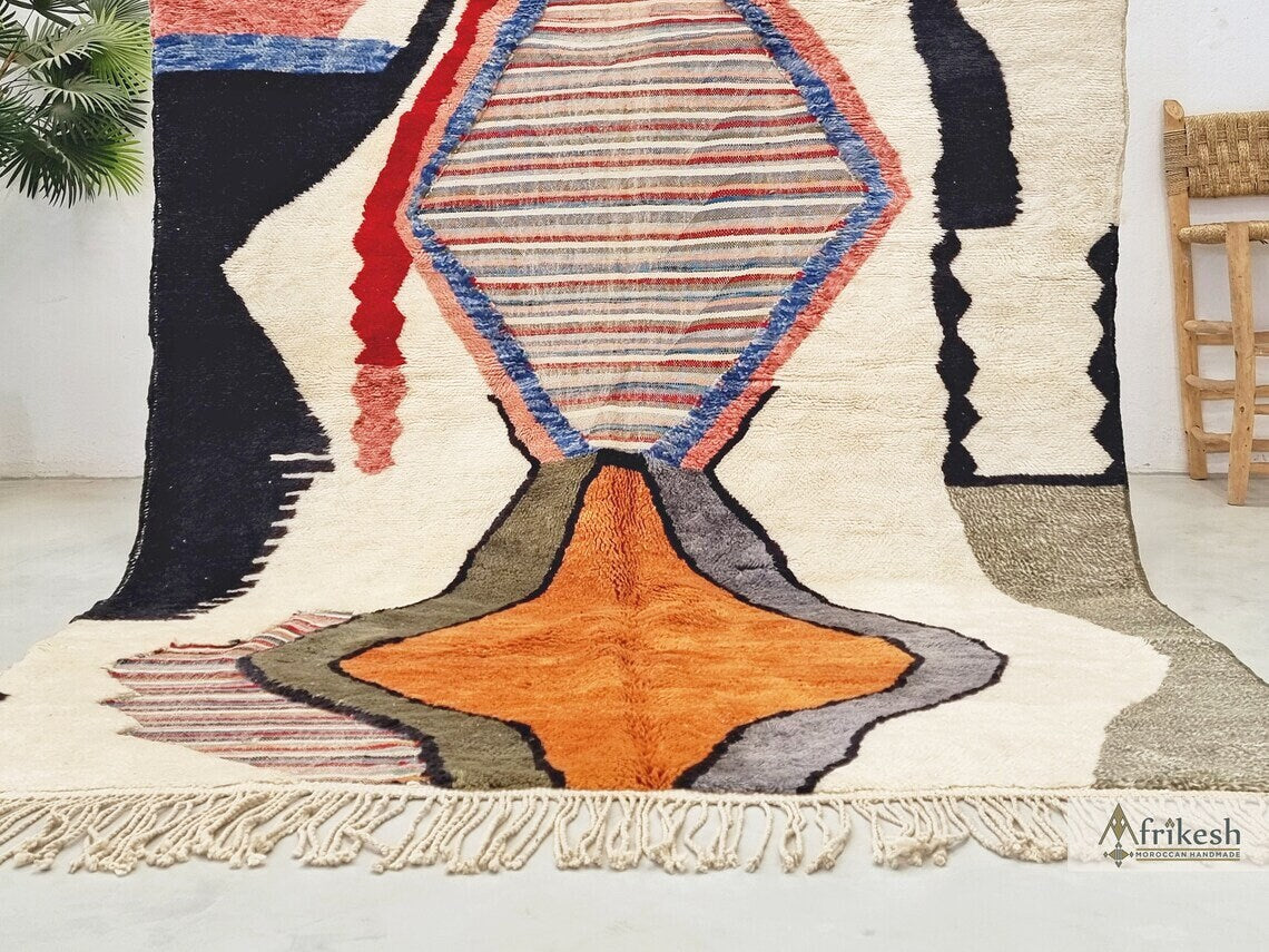 HANDMADE MRIRT RUG, Stylish Moroccan Rug, Custom White & Orange Rug, Tufted Berber Carpet, Multicolor Area Rug, Shag Beni Mrirt Wool Rug.
