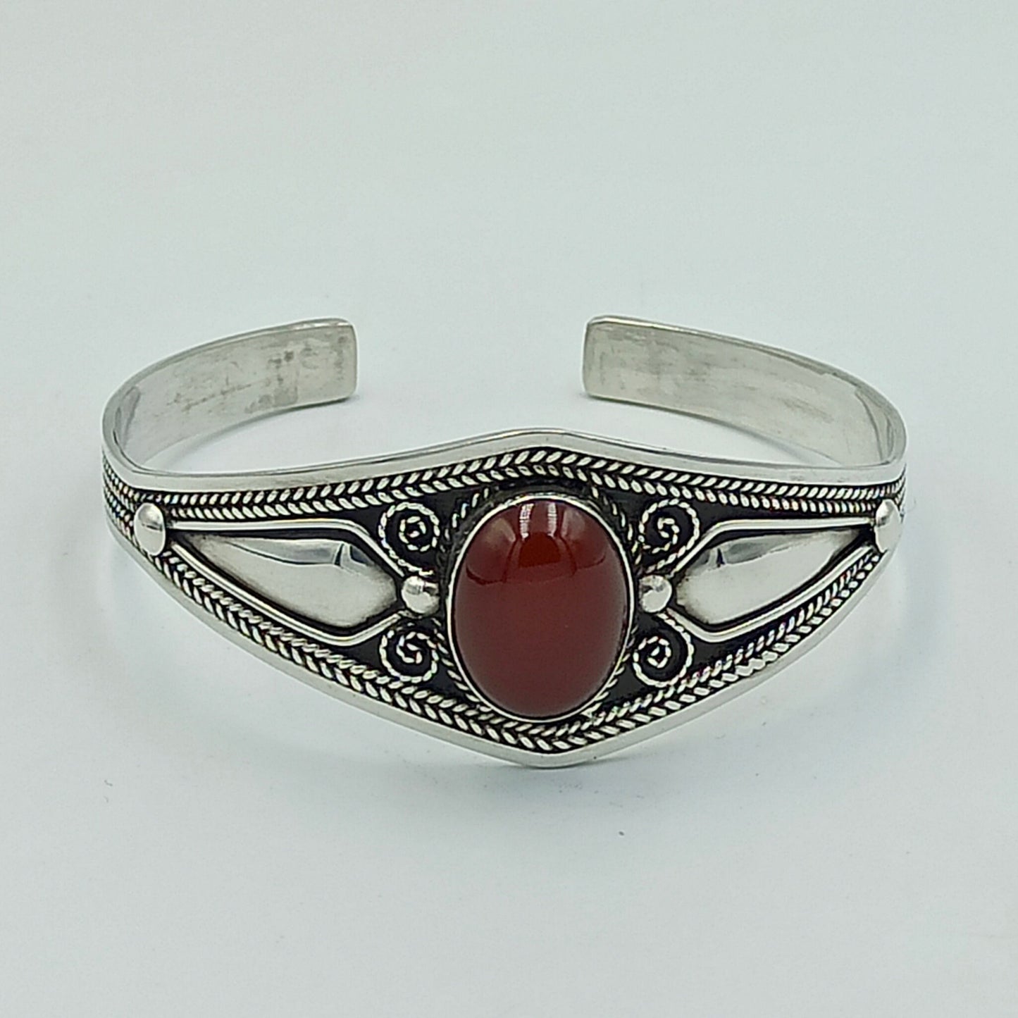 Women'S 925 Sterling Silver Handcrafted Adjustable Bracelet, Open Cuff Berber Engrave Design Boho Bangle with a Brown Bead