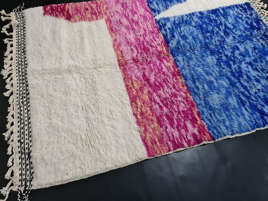 BENI OURAIN RUG, Fluffy Moroccan Rug, Handmade Custom Rug, Blue & Pink Area Rug, Beautiful Shag Beni Rug, Knotted Berber Carpet, Wool Rugs.