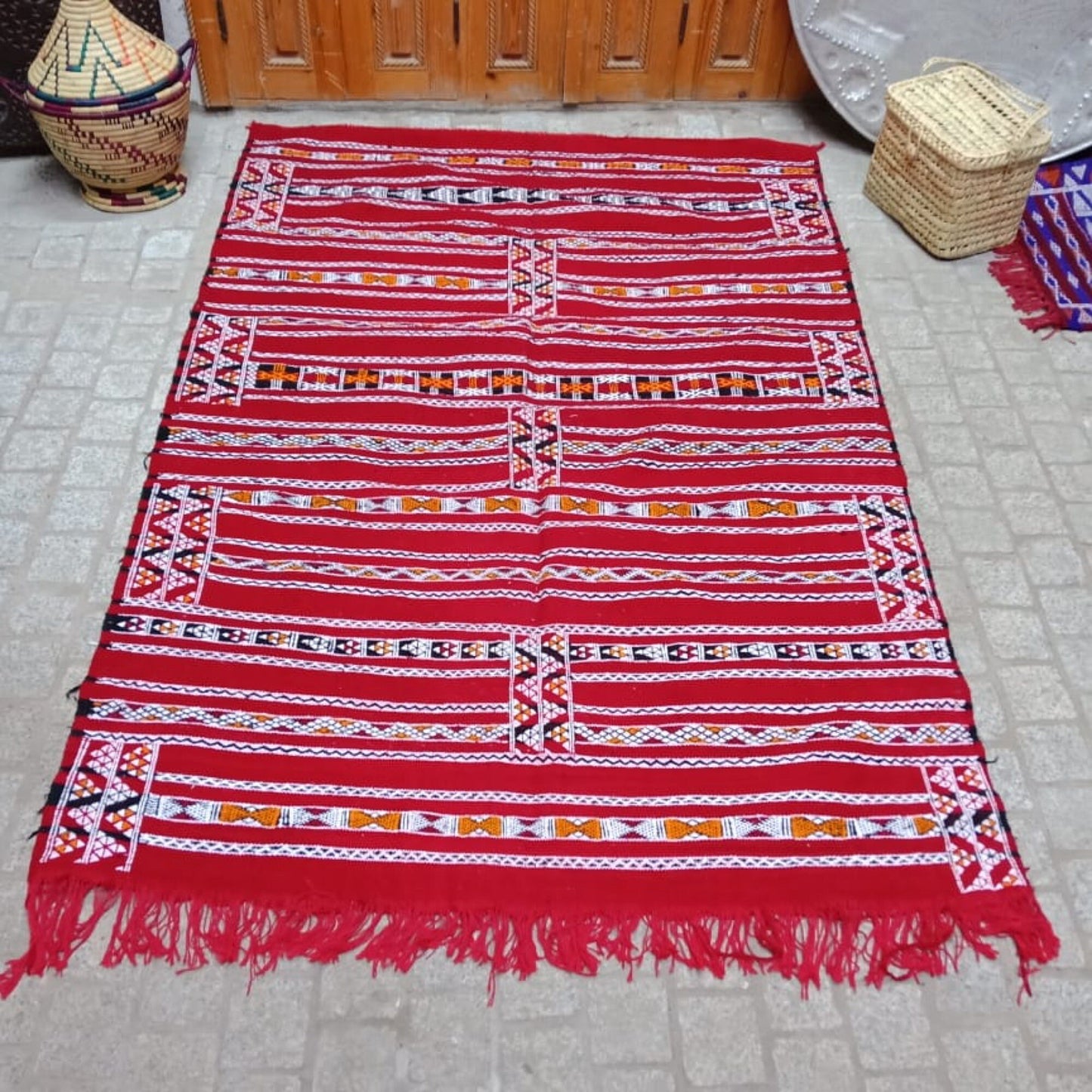 Moroccan Kilim 4×6 Ft. Red Rug, Moroccan Berber Rug, Handmade Natural Wool Rug. Berber Kilim, Authentic Azilal