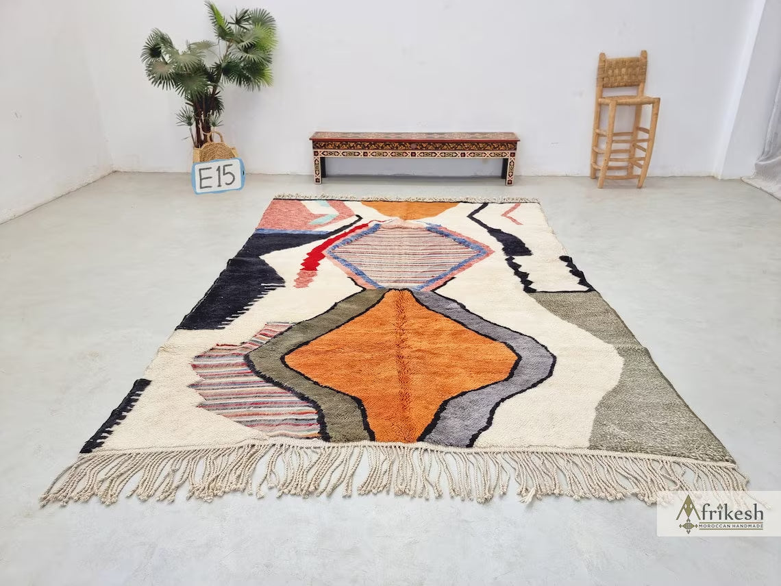HANDMADE MRIRT RUG, Stylish Moroccan Rug, Custom White & Orange Rug, Tufted Berber Carpet, Multicolor Area Rug, Shag Beni Mrirt Wool Rug.