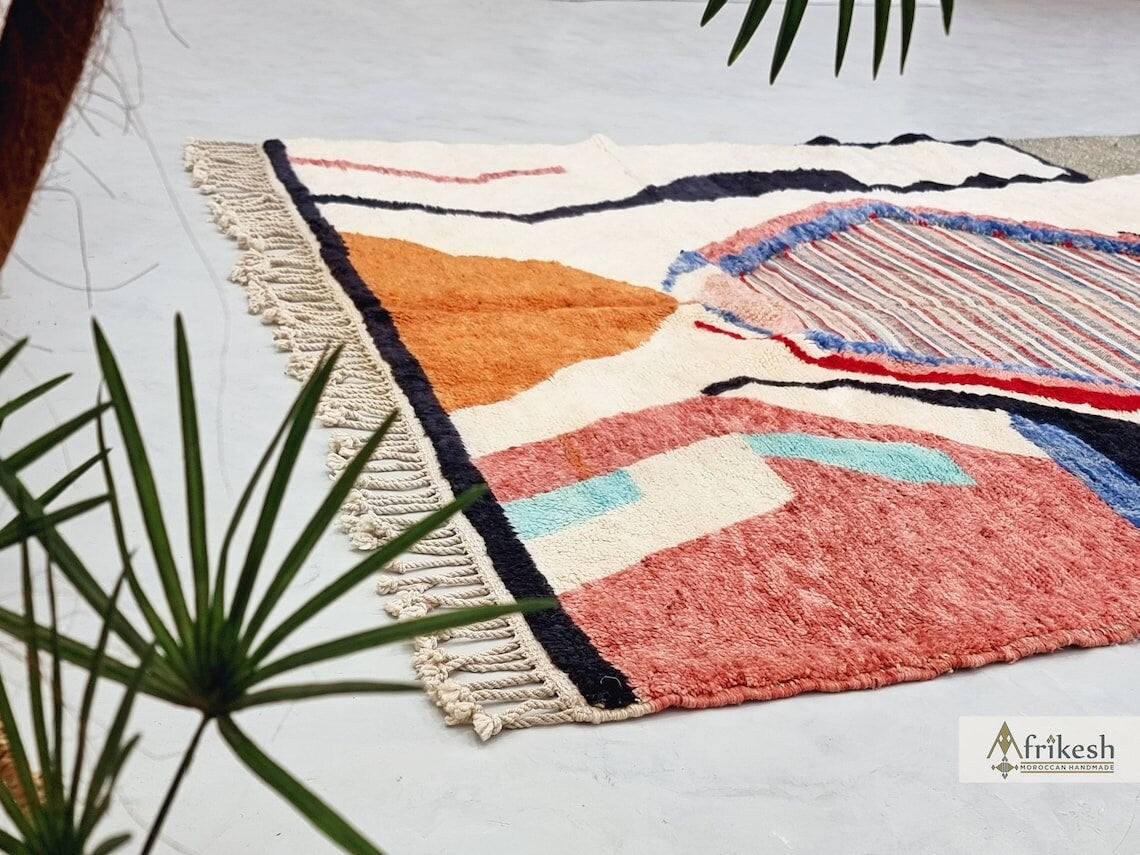 HANDMADE MRIRT RUG, Stylish Moroccan Rug, Custom White & Orange Rug, Tufted Berber Carpet, Multicolor Area Rug, Shag Beni Mrirt Wool Rug.