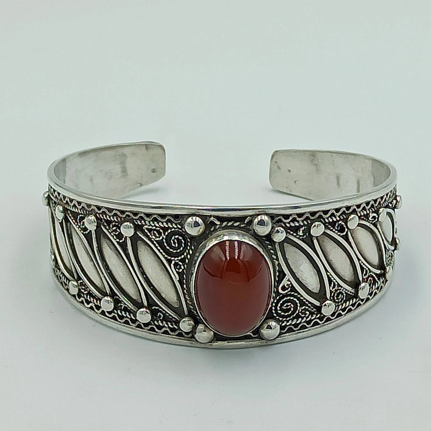 Women'S 925 Sterling Silver Handcrafted Adjustable Bracelet, Open Cuff Berber Engrave Design Boho Bangle with a Brown Bead