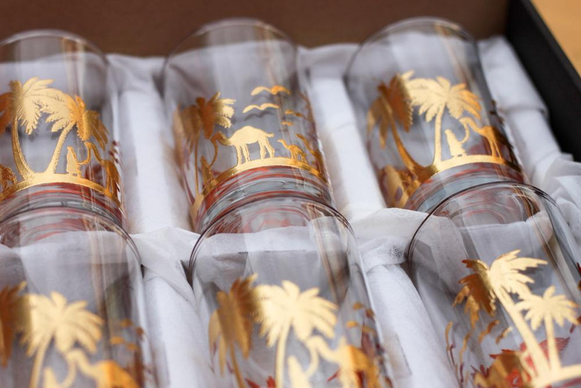 Moroccan Tea Glasses Set of 6 Gold Camel Palm Trees Drinking Glasses Drinkware Chai Glasses Tea Glasses Set Turkish Coffee Tea Glasses