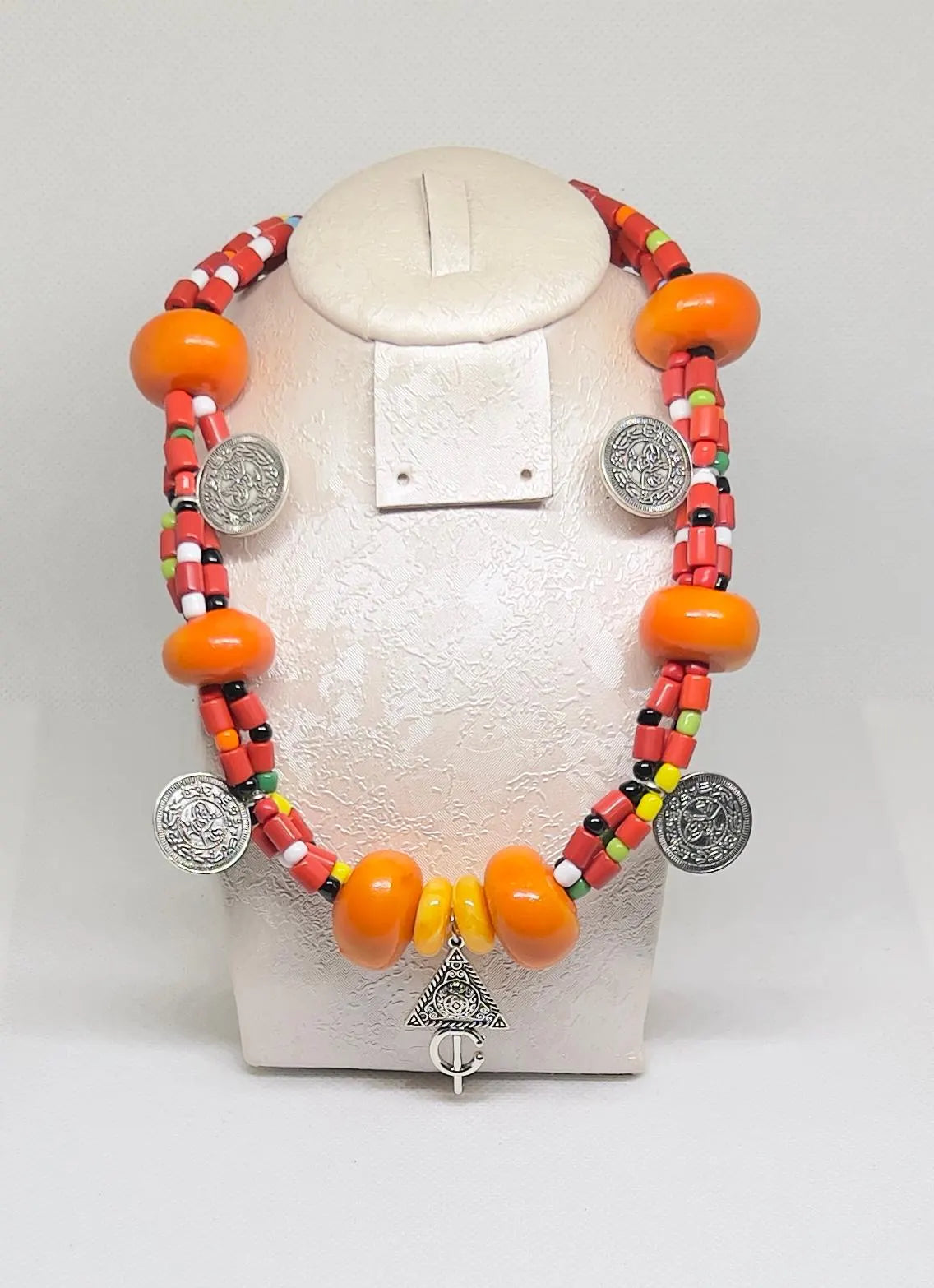 Handmade Moroccan Amber Necklace with Red Berber Coral Beads - Antique Silver Coins - Boho Necklace - Tribal Amazigh Pendant, Gift for Her