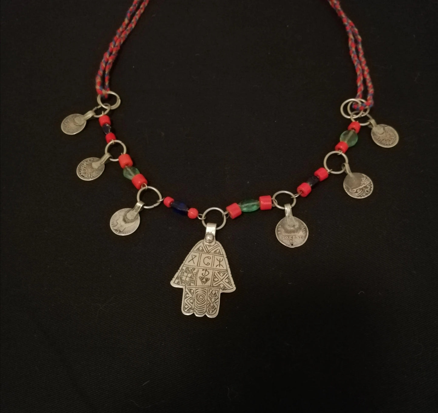 Quaint Amazigh Khamsa Coin and Glass Bead Necklace.