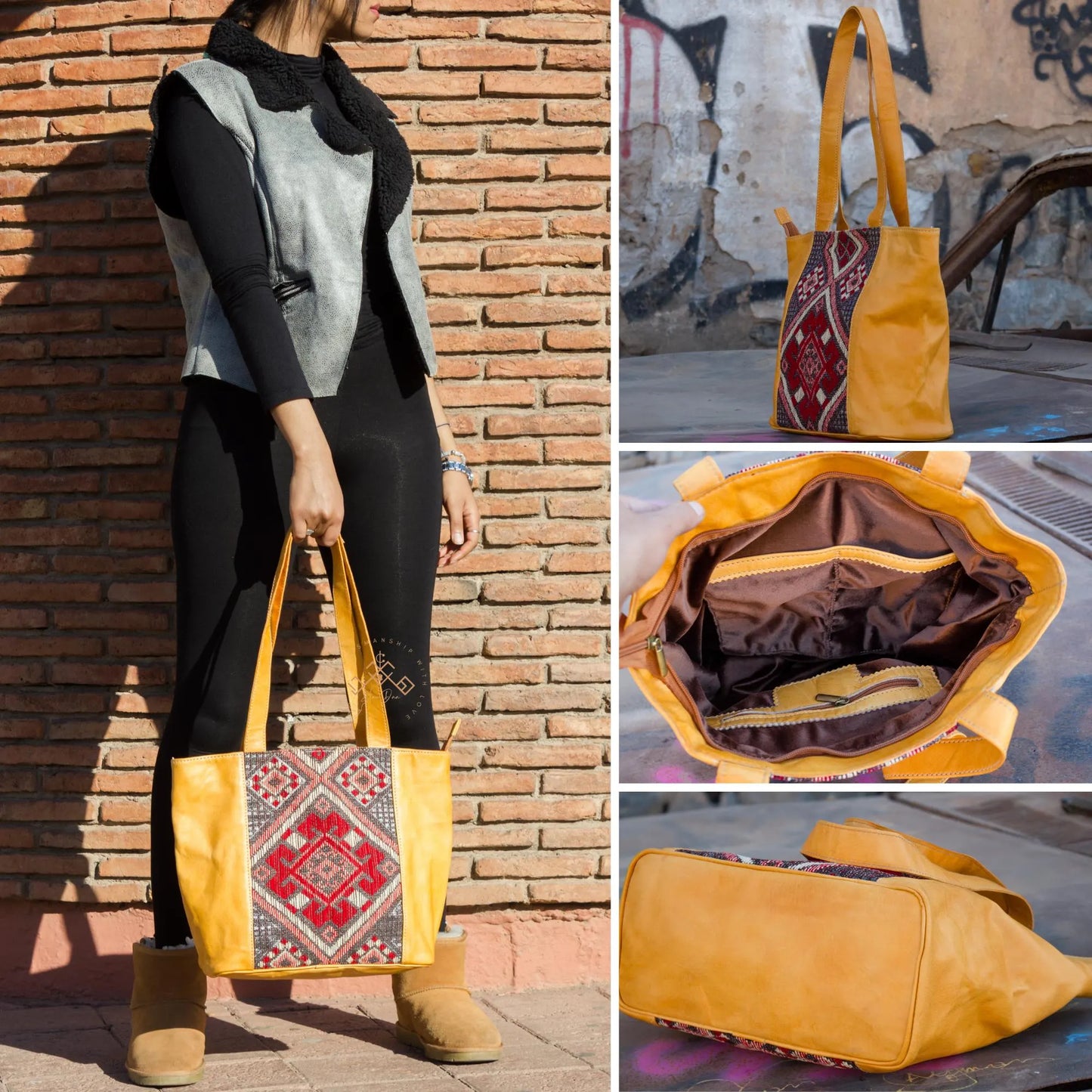 Tote Carpet Leather Bag - Handmade Women'S Fashion Cross-Body Handbag, Unique Gift for Her, Stylish Havana Leather Tote