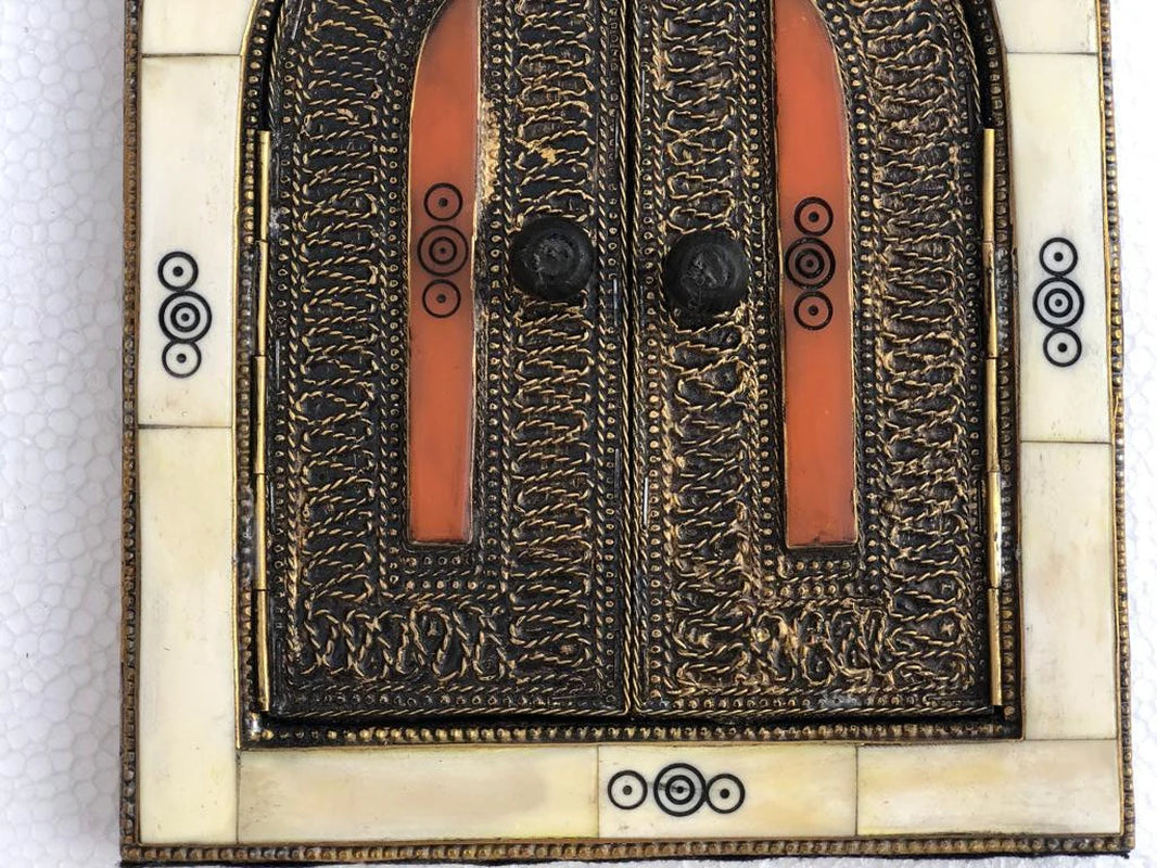 Small Handmade Moroccan Bone Mirror with Small Decorative Doors - Warm-Toned Frame