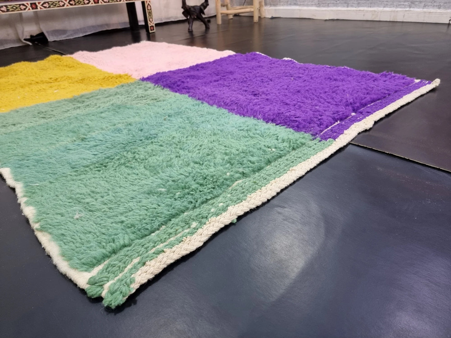 BENI OURAIN RUG 4X5, Multi-Color Moroccan Rug, Tribal Wool Rug, Fluffy Berber Carpet, Geometric & Funky Area Rug, Handmade Pink Boho Rug.