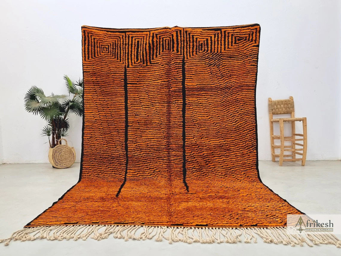 BURNT ORANGE RUG, Custom Made Moroccan Rug, Striped Beni Mrirt Rug, High Quality Berber Carpet, Handmade Mrirt Area Rug, Tufted Shag Rug.